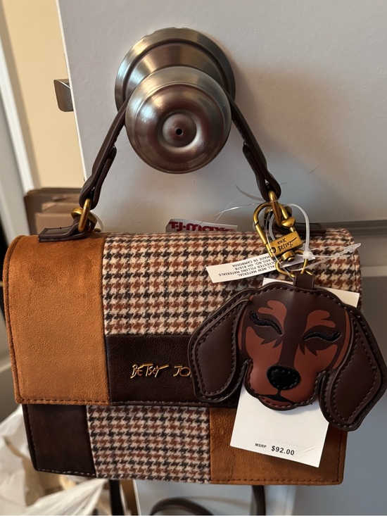 Betsey Johnson Handbags - Betsey Johnson Brown Patchwork Houndstooth Satchel with Dog Charm